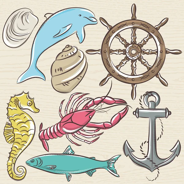 Set of  summer symbols, ship rudder,anchor, shells, lobster,dolp — Stock Vector