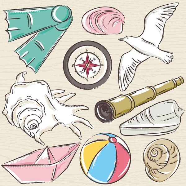 夏のシンボル、ボート、貝殻、コンパス、望遠鏡、海のセット — ストックベクタ
