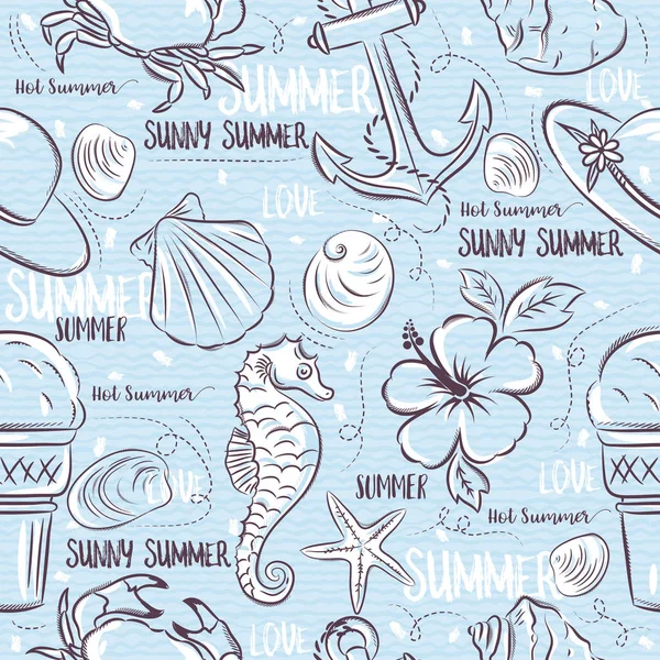 Motifs sans couture avec symboles d'été, coquilles, crabe, chapeau, ancre , — Image vectorielle