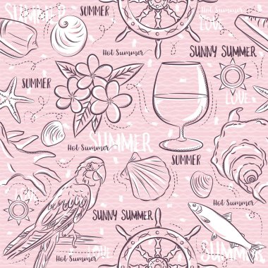 Sorunsuz desenleri yaz simgeleriyle gemi dümen, papağan, coc