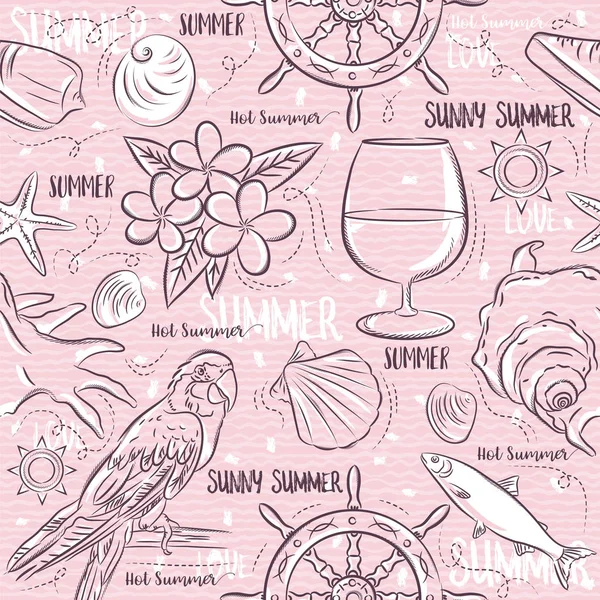 Sorunsuz desenleri yaz simgeleriyle gemi dümen, papağan, coc