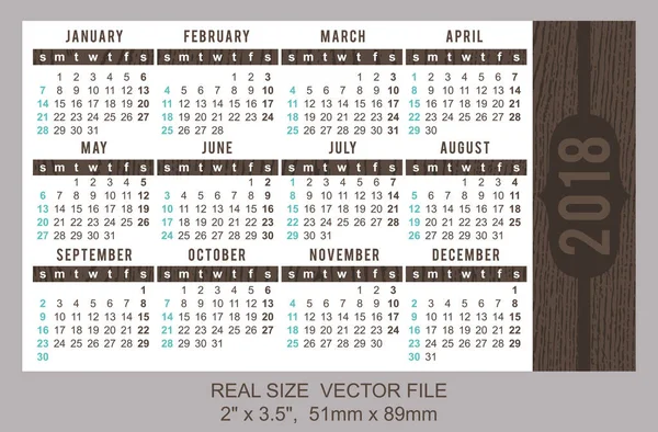 Pocket Calendar 2018, vector, start on Sunday — Stock Vector