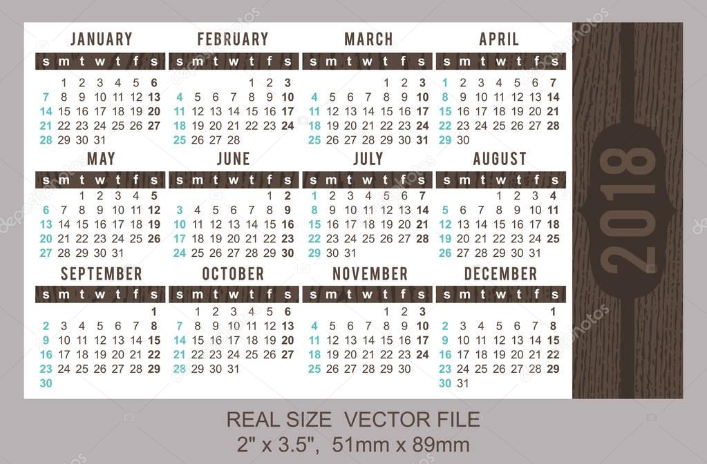Pocket Calendar 2018, vector, start on Sunday