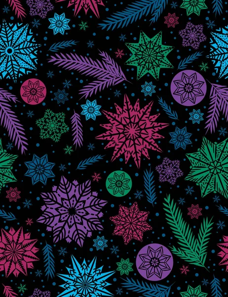 Svart jul sömlösa mönster bakgrund med färg snöflinga — Stock vektor