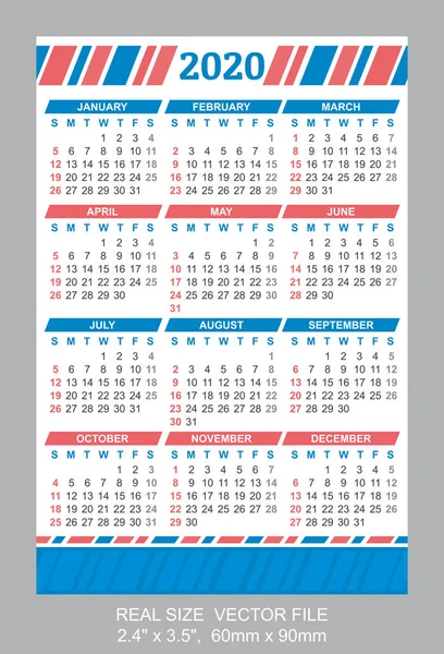 Pocket calendar 2020, start on Sunday, vector — Stock Vector