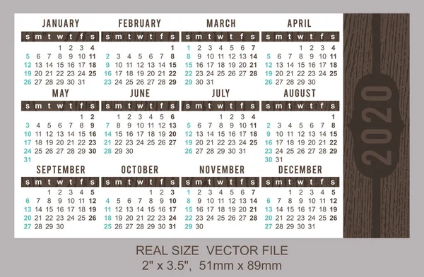 Pocket Calendar 2020, vector, start on Sunday — Stock Vector