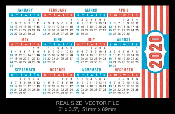 Pocket Calendar 2020, vector, începe duminică. Dimensiune: 2 "x 3,5 ", — Vector de stoc
