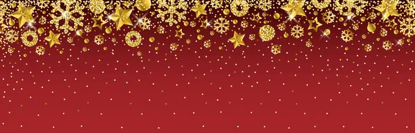 Červený vánoční prapor se zlatými třpytivými sněhovými vločkami a hvězdami. Veselé Vánoce a šťastný Nový rok vítáním prapor. Horizontální novoroční pozadí, záhlaví, plakáty, pohlednice, webové stránky.Vektorová ilustrace — Stockový vektor