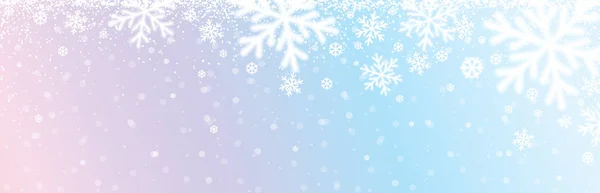 Banner de Navidad con copos de nieve blancos y borrosos. Feliz Navidad y Feliz Año Nuevo banner de felicitación. Horizontal año nuevo fondo, encabezados, carteles, tarjetas, sitio web. Ilustración vectorial — Archivo Imágenes Vectoriales