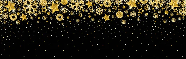 Bannière de Noël noire avec des flocons de neige dorés et des étoiles. Joyeux Noël et bonne année saluant bannière. Horizontal new year fond, en-têtes, affiches, cartes, site web.Illustration vectorielle — Image vectorielle