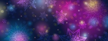 Kar taneli Noel afişi. Mutlu Noeller ve mutlu yıllar bayrağı. Yatay yeni yıl geçmişi, başlıklar, posterler, kartlar, web sitesi. Vektör illüstrasyonu