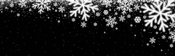 白いぼやけた雪の結晶と黒のクリスマスバナー。メリークリスマスとハッピーニューイヤーグリーティングバナー。水平方向の新年の背景、ヘッダー、ポスター、カード、ウェブサイト。ベクターイラスト — ストックベクタ