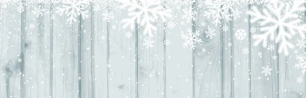Banner de Navidad con copos de nieve blancos y borrosos sobre fondo de madera. Feliz Navidad y Feliz Año Nuevo banner de felicitación. Horizontal año nuevo fondo, encabezados, carteles, tarjetas, sitio web. Ilustración vectorial — Vector de stock