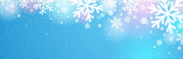 Blauwe kerstspandoek met witte wazige sneeuwvlokken. Vrolijk Kerstfeest en Gelukkig Nieuwjaar groet spandoek. Horizontale nieuwjaarsachtergrond, headers, posters, kaarten, website. Vectorillustratie — Stockvector