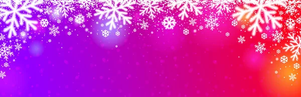 Ярко-красный фиолетовый рождественский баннер с белыми размытыми снежинками. С Новым годом и Рождеством. Горизонтальный новогодний фон, заголовки, плакаты, открытки, сайт . — стоковое фото