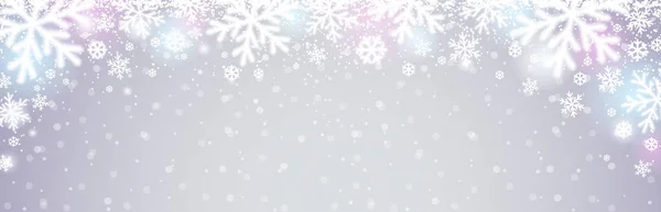 Graues Weihnachtsbanner mit weißen, verschwommenen Schneeflocken. Frohe Weihnachten und einen guten Rutsch ins neue Jahr. Horizontale Neujahrshintergrund, Kopfzeilen, Poster, Karten, Website. Vektorillustration — Stockvektor