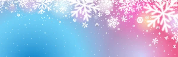 白いぼやけた雪の結晶と青ピンクのクリスマスのバナー。メリークリスマスとハッピーニューイヤーグリーティングバナー。水平方向の新年の背景、ヘッダー、ポスター、カード、ウェブサイト。ベクターイラスト — ストックベクタ