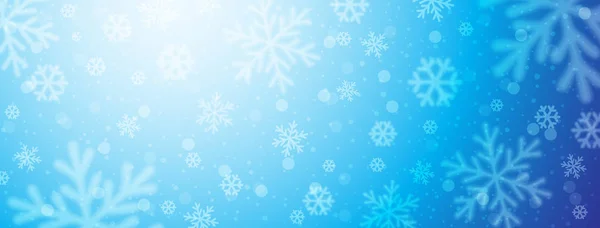 Helder blauw kerstspandoek met wazige sneeuwvlokken. Vrolijk Kerstfeest en Gelukkig Nieuwjaar groet spandoek. Horizontale nieuwjaarsachtergrond, headers, posters, kaarten, website. Vectorillustratie — Stockvector