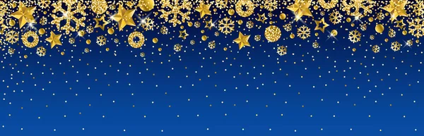 Banner de Natal azul com flocos de neve dourados e brilhantes e estrelas. Feliz Natal e Feliz Ano Novo. Ano novo horizontal fundo, cabeçalhos, cartazes, cartões, website.Vector ilustração — Vetor de Stock