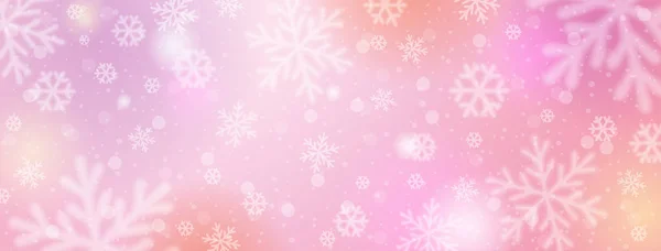 Roze kerstspandoek met witte wazige sneeuwvlokken. Vrolijk Kerstfeest en Gelukkig Nieuwjaar groet spandoek. Horizontale nieuwjaarsachtergrond, headers, posters, kaarten, website. Vectorillustratie — Stockvector