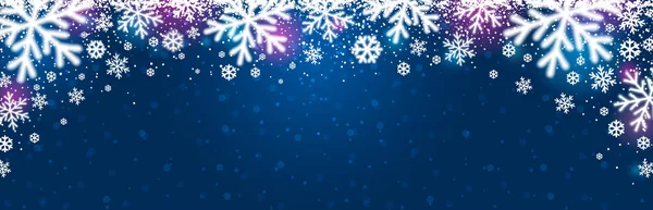 Голубое рождественское знамя с белыми размытыми снежинками. С Новым годом и Рождеством. Горизонтальный новогодний фон, заголовки, плакаты, открытки, веб-сайт. Векторная иллюстрация — стоковый вектор