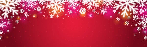 Rotes Weihnachtsbanner mit weißen, verschwommenen Schneeflocken. Frohe Weihnachten und einen guten Rutsch ins neue Jahr. Horizontale Neujahrshintergrund, Kopfzeilen, Poster, Karten, Website. Vektorillustration — Stockvektor