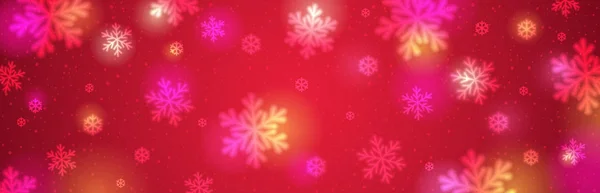 Vörös karácsonyi zászló fehér, elmosódott hópelyhekkel. Boldog karácsonyt és boldog új évet üdvözlő transzparenst. Horizontális újévi háttér, fejlécek, plakátok, kártyák, weboldal. Vektorillusztráció — Stock Vector
