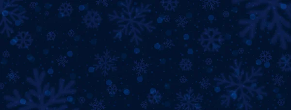 Bulanık kar taneleriyle koyu mavi Noel afişi. Mutlu Noeller ve mutlu yıllar bayrağı. Yatay yeni yıl geçmişi, başlıklar, posterler, kartlar, web sitesi. Vektör illüstrasyonu — Stok Vektör