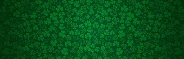 Banner de saludo Green Patricks Day con tréboles verdes. Patrick 's Day diseño de vacaciones. Fondo horizontal, encabezados, carteles, tarjetas, sitio web. Ilustración vectorial — Vector de stock