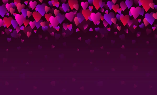 Fundo roxo com corações de namorados rosa e roxo. Valentines cumprimentando banner. Fundo de férias horizontal, cabeçalhos, cartazes, cartões, site. Ilustração vetorial — Vetor de Stock