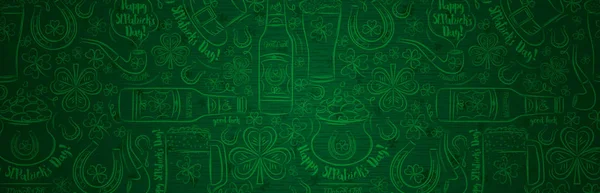 Zielony Patrick Day powitalny sztandar z zielonymi koniczynami, kubek piwa, butelka piwa, podkowa, kapelusz, fajka. Projekt świąteczny dnia Patricka. Poziome tło, nagłówki, plakaty, karty, strona internetowa. Wektor — Wektor stockowy