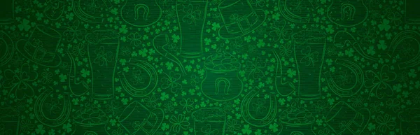 Grünes Patrick Day Grußbanner mit grünem Klee, Bierkrug, Hufeisen, Hut, Pfeife. patrick 's day holiday design. Horizontaler Hintergrund, Kopfzeilen, Poster, Karten, Website. Vektorillustration — Stockvektor