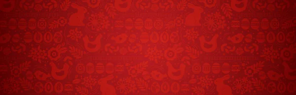 ウサギと卵と赤いイースターバナー イースターの休日のデザイン 水平背景 ヘッダー ポスター カード ウェブサイト ベクターイラスト — ストックベクタ