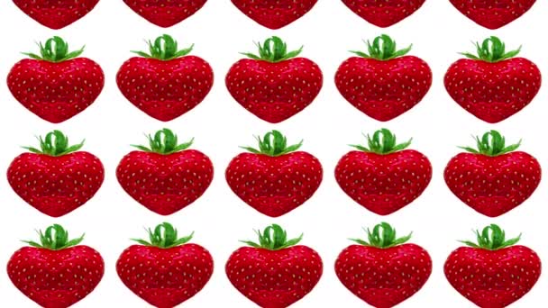 Nahtloses Muster Mit Erdbeeren Herzform Isoliert Auf Weißem Hintergrund — Stockvideo