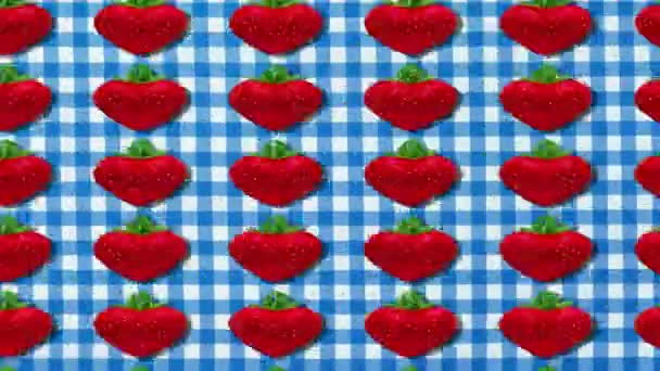 Seamless Pattern Red Hearts Strawberries Blue Picnic Background — Stock Video