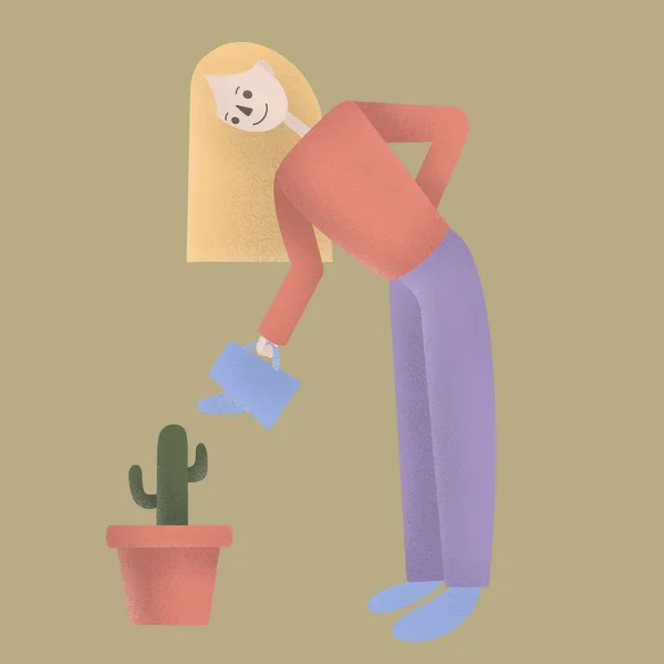 Tyttö kaktuksen kanssa. Kevättyöt. Puutarhanhoito käsite .. — kuvapankkivalokuva