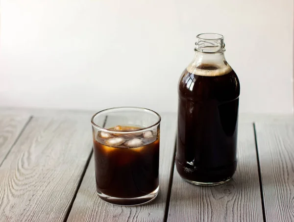 Iced cold brew coffee in a bottle and in a glass. CBD concept. Royalty Free Stock Photos