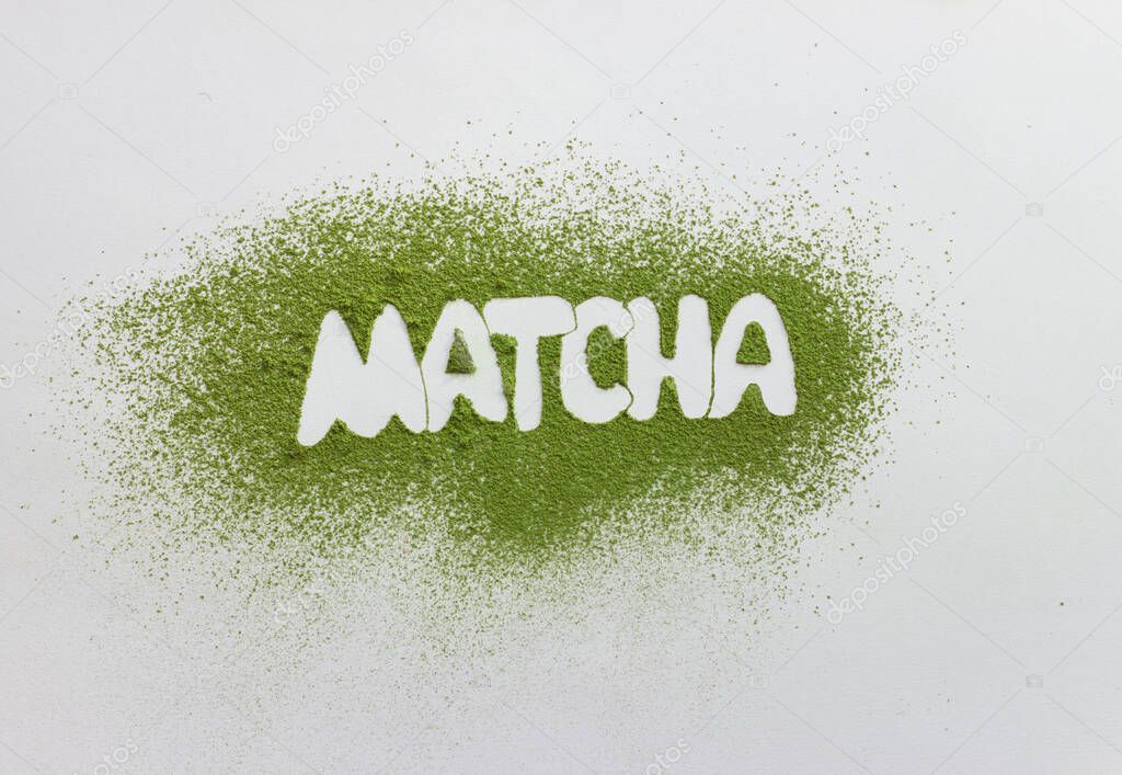 Matcha word by powdered matcha green tea. healthy drinks concept. energy boosting beverages. morning tea time.