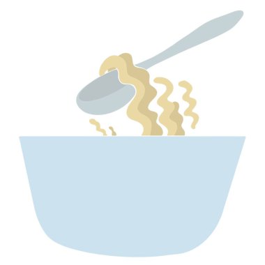 Hazır Çin eriştesi ve kaşıkla mavi kase. Asya yemek ikonu. Ramen ya da erişte, fast food restoranı konsepti..