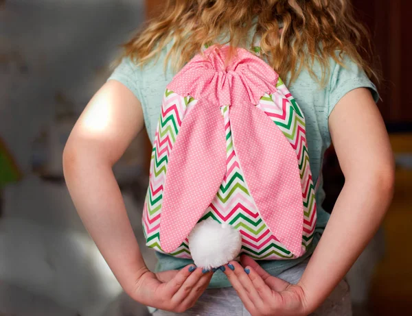 Little Girl Bunny Backpack Easter Bunny Ears Tail Colorful Backpack — Stock Photo, Image