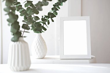  Çerçeve, okaliptüs yaprakları ve beyaz vazolarla mutfak tasarımı. Hipster İskandinav Minimalist iç mimarisi.