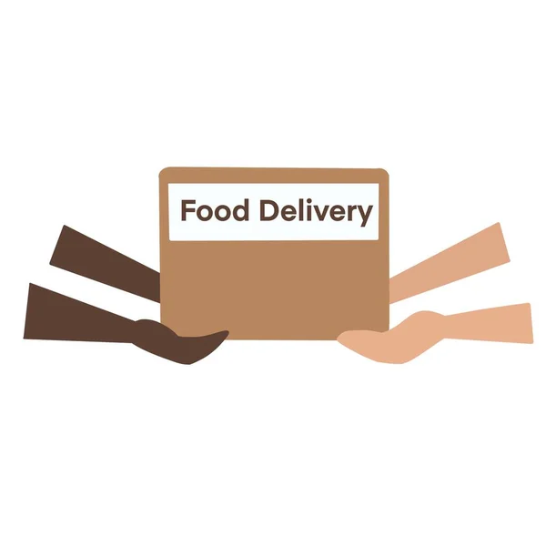 courier delivering order illustration. hands of different skin color recieving box with food. food delivering concept. shop online and stay home during quarantine. free shipping and safe shopping