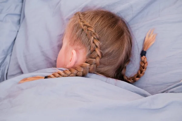 Blond Girl Sleeping Bed Kid Refuse Get Back View Beautiful — Stock Photo, Image