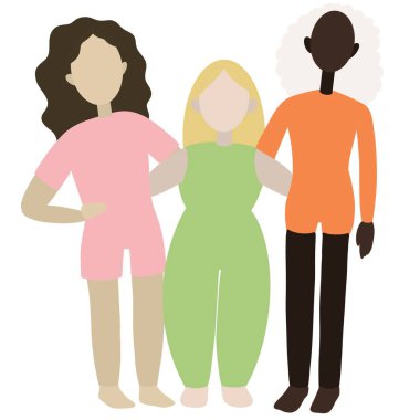 Irklar arası arkadaşlık kavramı. çok kültürlü arkadaşlar. Farklı ırklardan tanınmayan ya da tanınmayan insanlar. Afro-Amerikalı, Asyalı ve Kafkas kızları kucaklıyor. Arkadaşlar konsepti destekliyor. 