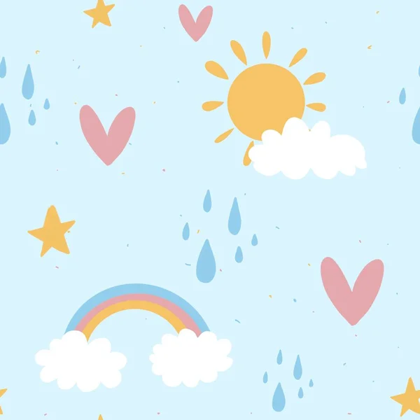 子供たちのイラストや虹や太陽や雲心や星々が青い空を覆います 子供の本やカレンダーの写真です 夏の天気の概念 雨が空に降ってくる いい天気だ 壁紙やシームレスな印刷 — ストック写真