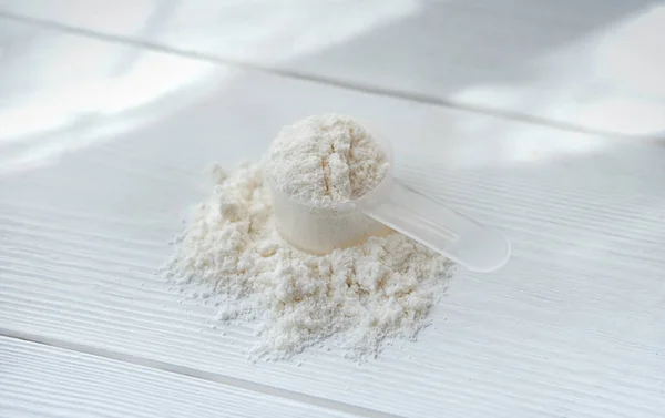 Kollagen Oder Protein Pulver Auf Weißem Holztisch Proteinpulver Zur Herstellung — Stockfoto