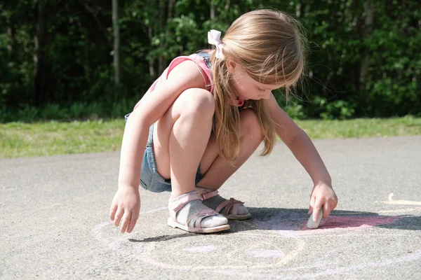 Happy Little Girl Drawing Chalk Pavement Blonde Caucasian Girl Draws Royalty Free Stock Photos