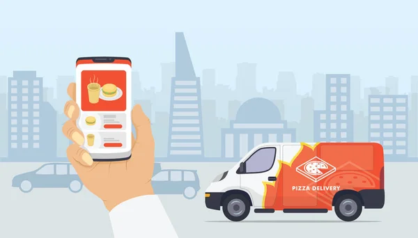 スマートフォンアプリとトラックでファーストフードの配達サービスは、ピザやハンバーガーのアイコンでサービスを提供-ベクトル — ストックベクタ