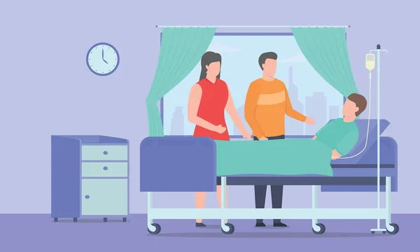 Відвідати друга хворого на ліжку лікарняної кімнати з сучасним плоским стилем вектор — стоковий вектор