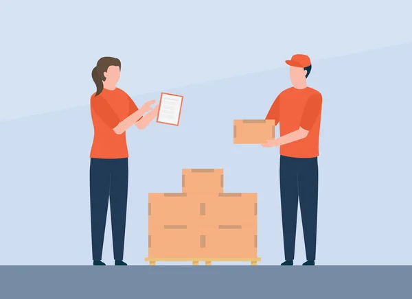 Kurier pracownik sprawdzić dostawy towarów pakiet usług z stosu kartonu — Wektor stockowy